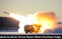 A U.S. Army M142 High Mobility Artillery Rocket System (HIMARS) launches ordnance during an exercise in Alaska in 2020.