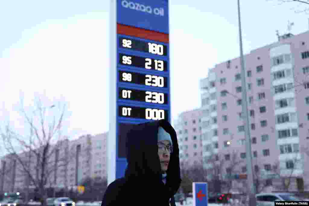 The price board at a gas station seen in Nur-Sultan on January 5. The issue of gas prices for liquefied petroleum gas is a critical issue for many Kazakhs as most cars in the west of the Central Asian country run on this fuel. 