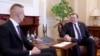 Belarusian Foreign Minister Sergei Aleinik and Hungarian Foreign Minister Peter Szijjarto meet in Minsk on May 29.