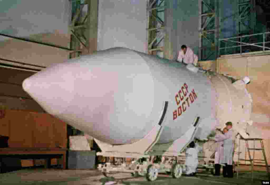 Final checks are made to the Vostok (East) rocket that would launch Soviet cosmonaut Yuri Gagarin into orbit in 1961. Multiple historic launches were made from Baikonur, including the first satellite (October 1957), the first dog (November 1957), the first man (1961), and the first woman (1963) into space. &nbsp;