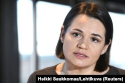 Svyatlana Tsikhanouskaya speaks during an interview with the media in Helsinki on March 1.