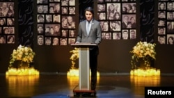 Canadian Prime Minister Justin Trudeau at a memorial service to remember the victims of a Ukrainian airliner shot down in Iran in 2020.