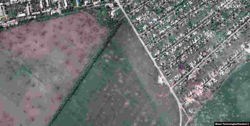 A satellite image of Lyman, Ukraine, shows artillery craters in fields and destroyed buildings in late May. According to the FAO, 50 countries rely on Russia and Ukraine for at least 30 percent of their wheat imports. In the Middle East and North Africa, these countries include Lebanon, Egypt, Libya, Oman, Saudi Arabia, Yemen, Tunisia, Iran, Jordan, and Morocco. 