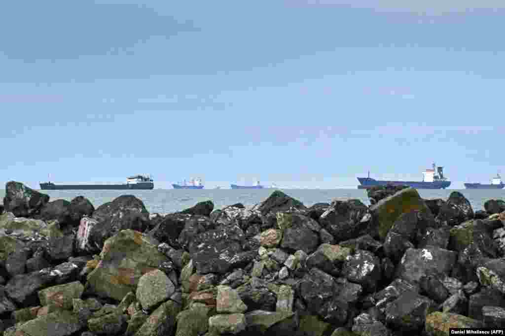 Ships off Romania&#39;s Black Sea coast wait on June 8 to enter the Sulina Canal, a waterway less than 5 kilometers from Romania&#39;s border with Ukraine.&nbsp; &nbsp;
