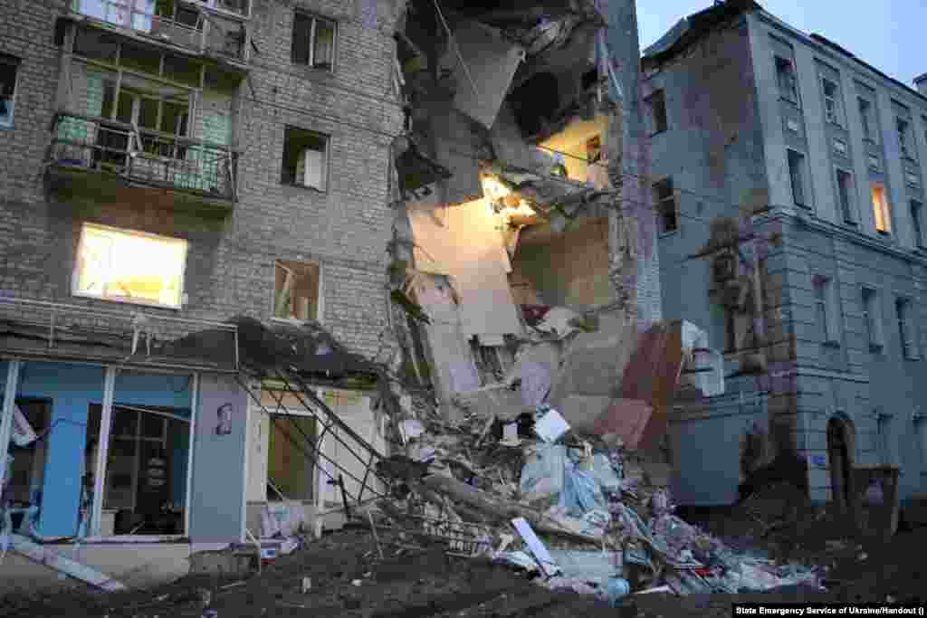 A residential building in Kharkiv damaged by a Russian missile strike. 