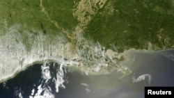 The oil slick, outlined in white, off the Louisiana coast in a Terra satellite image taken on April 29.