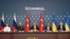 The Russian and Ukrainian delegations are seen at a meeting with members of the Turkish delegation at a second round of peace talks is Istanbul on June 2, 2025.