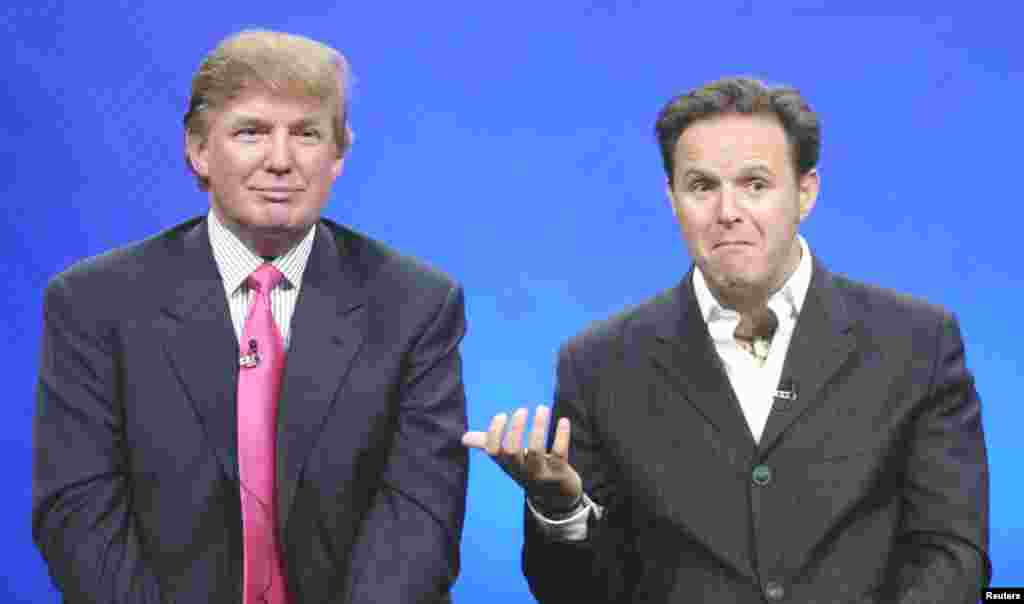 Trump (left), with producer Mark Burnett in 2004, became a TV star with his reality show, The Apprentice. Contestants competed for a chance to work for him. It aired for 14 seasons.