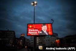 A Belgrade billboard in April 2020 showing Chinese leader Xi Jinping says, “Thanks, Brother Xi.”