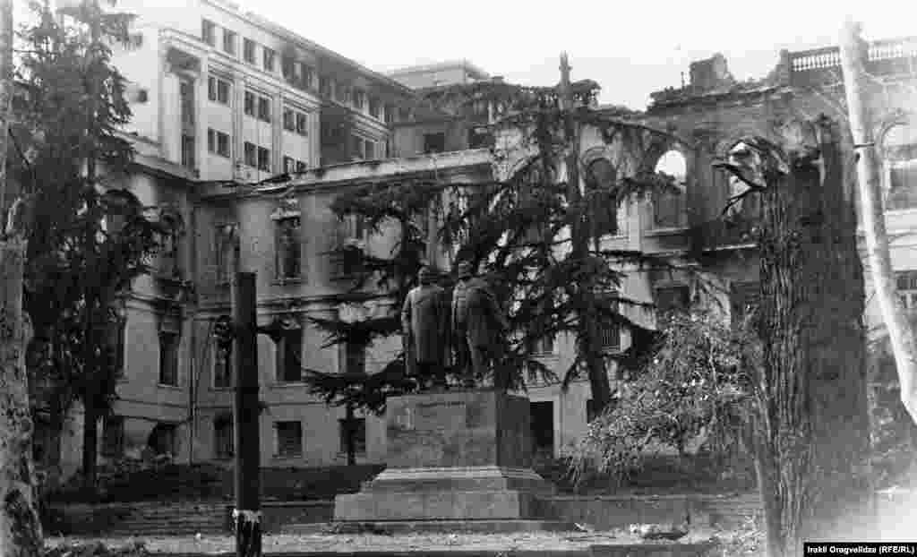 Tbilisi’s Public School No. 1, on Rustaveli Avenue in ruins after the Tbilisi War. The conflict of 1991-1992 destroyed several of Rustaveli’s historic buildings and resulted in Georgia’s first elected president being ousted from power.