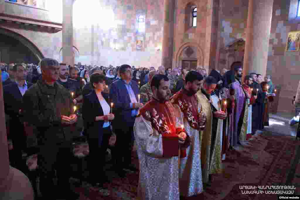 A memorial service in Stepanakert, known as Xankendi in Azeri, on September 27. The city is the largest in the Nagorno-Karabakh region still under control of ethnic Armenians. Armenia’s prime minister has vowed to commit to the “revival and further development” of those parts of the region that remain in Armenian hands.