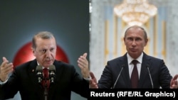 Președintele Tayyp Erdoğan (stînga) se întîlnește cu omologuil său rus Vladimir Putin în 9 august la St. Petersburg pentru a discuta criza din Siria și cooperarea energetică și de afaceri între Turcia și Rusia.