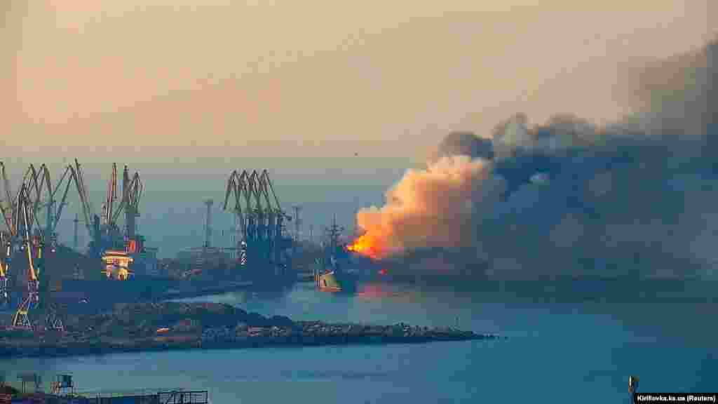 If confirmed, this would be the latest successful attack on a Russian Black Sea Fleet ship while it was in port. The Novocherkassk had previously been damaged during an attack on March 24 at the port of Berdyansk (pictured) when the landing ship Saratov was destroyed and sunk. 