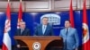 Поранешниот премиер на РС Радован Вишковиќ, поранешниот претседател Милорад Додик и претседателот на ентитетскиот парламент Ненад Стевандиќ во Бања Лука, 12 март 2025 година