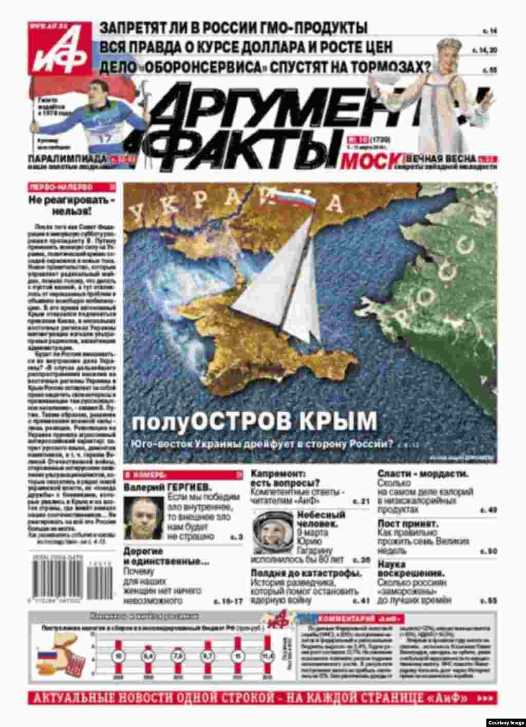 "Argumenty i fakty" plays on the similarity between the Russian for "peninsula" (half-island) and "island." "The Crimean half-ISLAND. Is Southeast Ukraine Drifting Toward Russia?" asks the Russian news magazine.