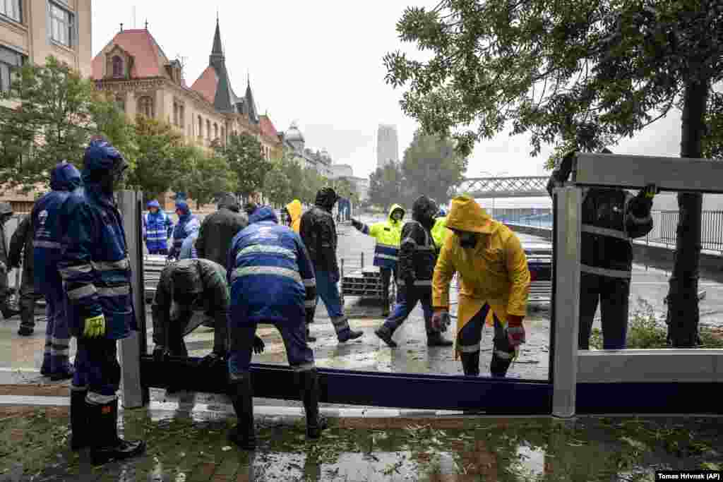 Flood barriers were deployed in Slovakia's capital (pictured), Bratislava, and Hungary's capital, Budapest, as the Danube River rose, and in Prague, where the Vltava River breached its banks.
