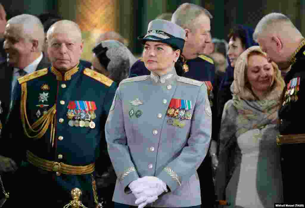 Russia's land forces commander, Army General Oleg Salyukov (left), and Deputy Defense Minister Tatyana Shevtsova attend the ceremony.