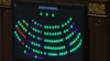 Armenia - The results of Armenian parliament vote on the ratification of an accession treaty with the Eurasian Economic Union shown on a screen, Yerevan, 4Dec2014.