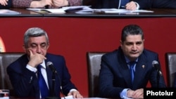 Armenia - President Serzh Sarkisian (L) and Prime Minister Tigran Sargsian attend a conference of the ruling Repubican Party in Yerevan, 15Dec2012.
