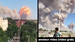 A screen grab from an amateur video shows the blast hit the military warehouse. 
