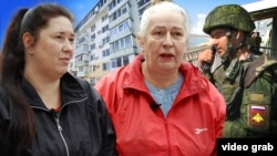 Photo collage: the Kolisnichenko family, who own real estate in Crimea, their house, and a Russian serviceman