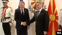Presidenti maqedonas, Gjorge Ivanov takohet me kryetarin e Këshillit Evropian, Donald Tusk, në Shkup, më 2 mars 2016
