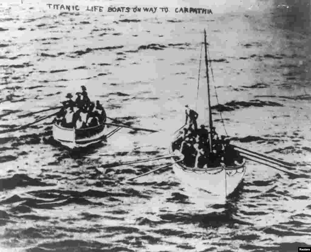 Lifeboats from the "Titanic" on their way to the "Carpathia" on April 15, 1912, following the disaster.