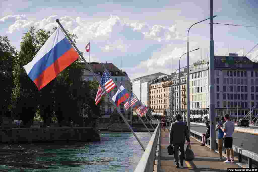 Russian and U.S. flags flutter on the Mont Blanc Bridge on June 15. 