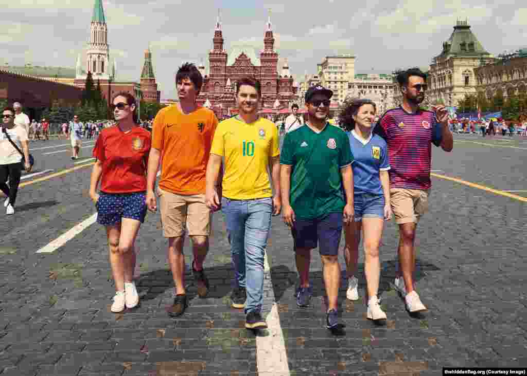 The six, who have launched a website to promote the project, are dressed in their national teams’ colors so as not to attract suspicion.