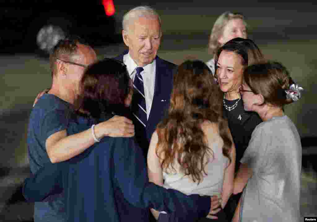 U.S. President Joe Biden and Vice President Kamala Harris speak with Kurmasheva and family. Kurmasheva, a Prague-based editor for RFE/RL's Tatar-Bashkir Service, was detained by authorities in June 2023 as she was visiting relatives in the central Russian region of Tatarstan.