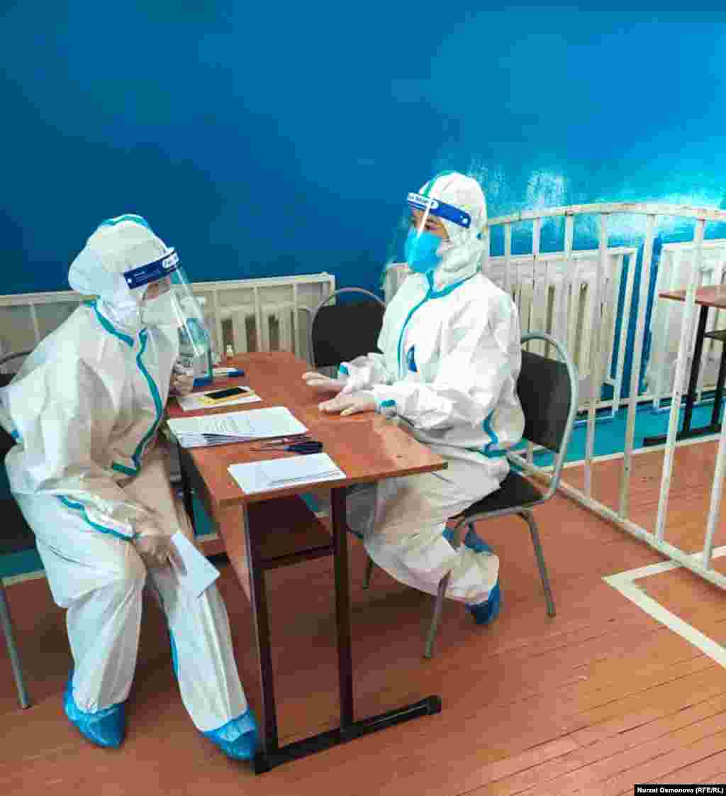 Medical staff at a school in the Dordoy district of Kyrgyzstan's capital, Bishkek. 