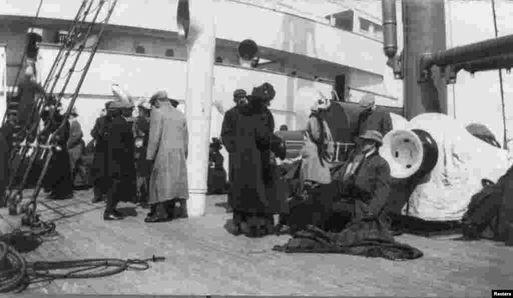 A group of survivors from the "Titanic" disaster aboard the "Carpathia" after being rescued.