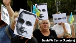 Demonstrators attend a protest rally demanding the release of Ukrainian film director Oleh Sentsov in front of the Russian Embassy in Prague in August.