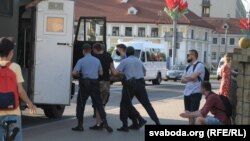 Belarusian police break up a protest in Hrodna, on June 26. 