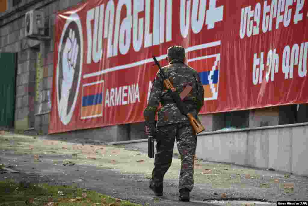 An Armenian military reservist walks along a street in Stepanakert on November 5.