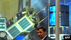 Iranian President Mahmud Ahmadinejad appeared at the unveiling ceremony of new Iranian satellite rockets on February 3, 2010.