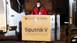 A shipment of Russia's Sputnik V coronavirus vaccine arrives at Kosice Airport in Slovakia on March 1.
