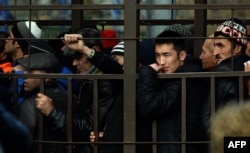 Işçi migrantlar Moskwanyň Federal Migrasiýa gullugy edarasynyň alnynda, ýapyk gözenegiň içinde, iş rugsadyny aljak bolup, nobata durýarlar.