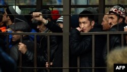 Migrant workers line up in a fenced holding area outside a Federal Migration Service office in Moscow as they wait for their turn to get a work permit.
