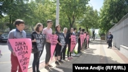 Serbian activists protesting against the alleged abuse of gay men in Chechnya in front of the Russian embassy in Belgrade 