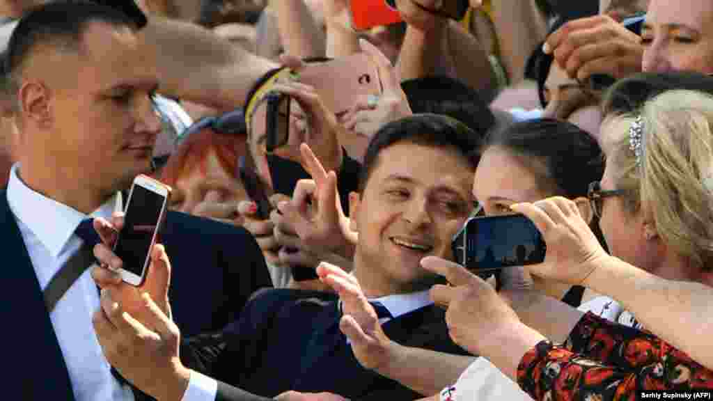 Zelenskiy takes selfies with supporters. The 41-year-old actor and comedian had no&nbsp;previous political experience before running for president.