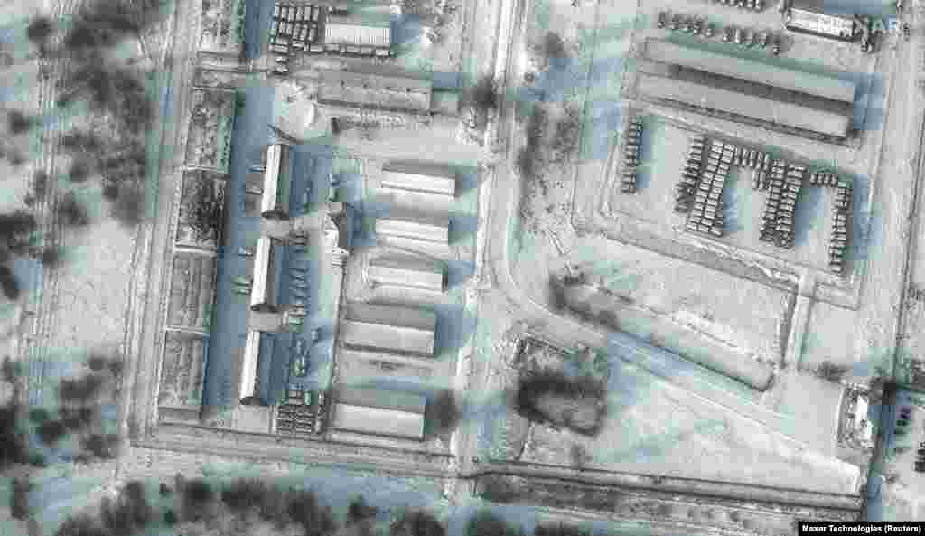 Armored personnel carriers and trucks at Klimovo on January 19. The Klimovo military storage facility is located just 35 kilometers from the Ukrainian border. 