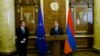 Armenia - Prime Minister Hovik Abrahamian (R) and the head of the EU Delegation, Traian Hristea, speak at a ceremony in Yerevan,16 Jan2015