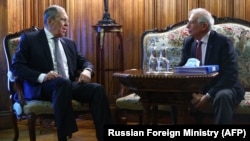 Russian Foreign Minister Sergei Lavrov (left) meets with European Union High Representative for Foreign Affairs and Security Policy Josep Borrell in Moscow on February 5.