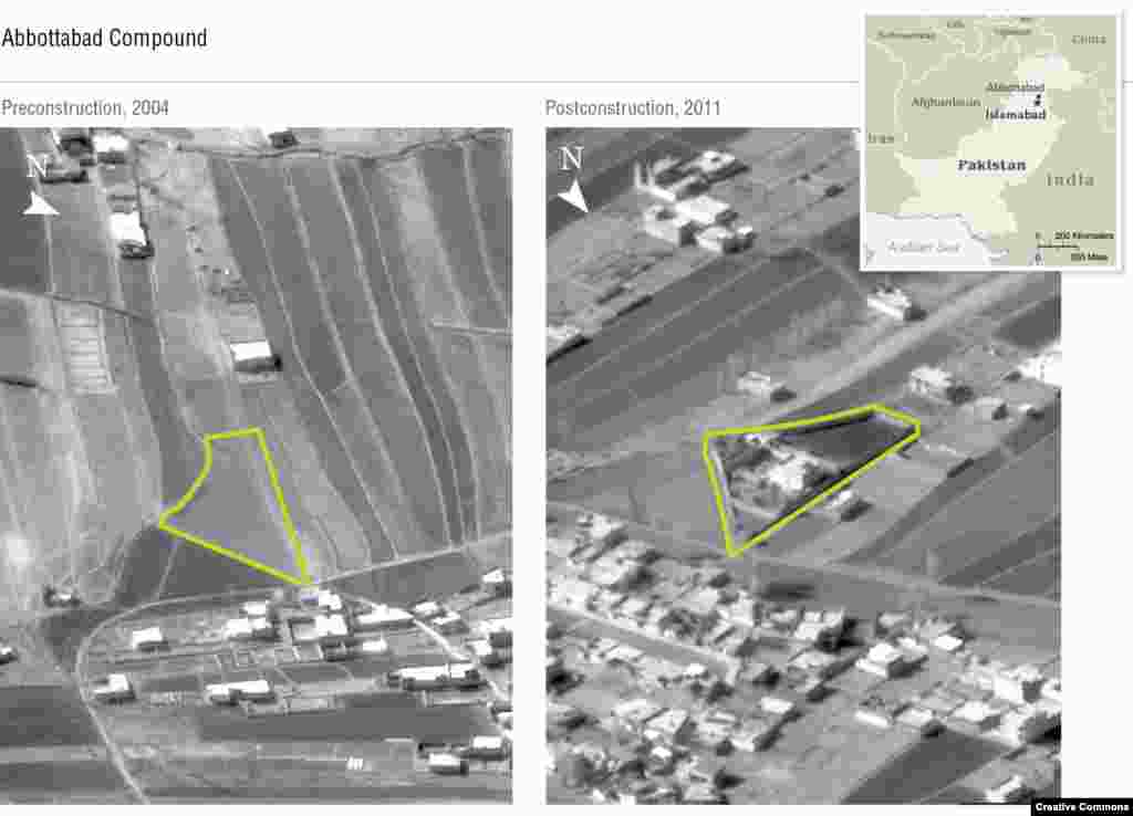 CIA surveillance drone photos showing a new compound in Abbottabad Bin Laden made his way to the northern Pakistani city of Abbottabad, where a large compound ringed with high walls was built around 2005. Locals noticed that the compound's residents burned their garbage instead of putting it out to be collected.
