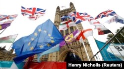 Protestatar anti-Brexit în fața Parlamentului de la Londra. 28 octombrie 2019