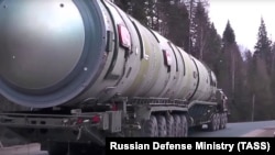 Russia's new Sarmat intercontinental ballistic missile is pictured at an undisclosed location in Russia in July 2018.