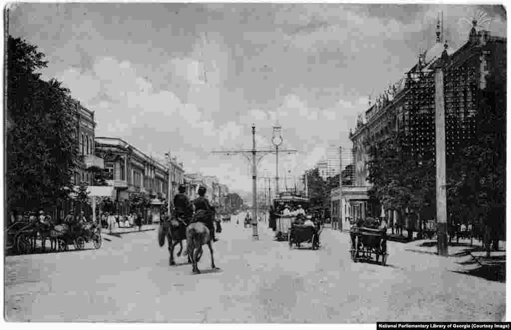 Today’s Rustaveli Avenue photographed in the 1910s when it was named Golovin Prospect after a Russian general. The thoroughfare was built in the 1840s by Russia’s viceroy to the Caucasus when Georgia was part of the Russian Empire. The tsarist authorities sought to transform the Georgian capital “from a Persian-style city into a new European metropolis.”