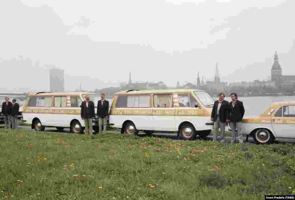 Olympic minibuses in Riga, Latvia. The 1980 games held events in various Soviet cities besides Moscow, including Minsk, Tallinn, and Kyiv. 