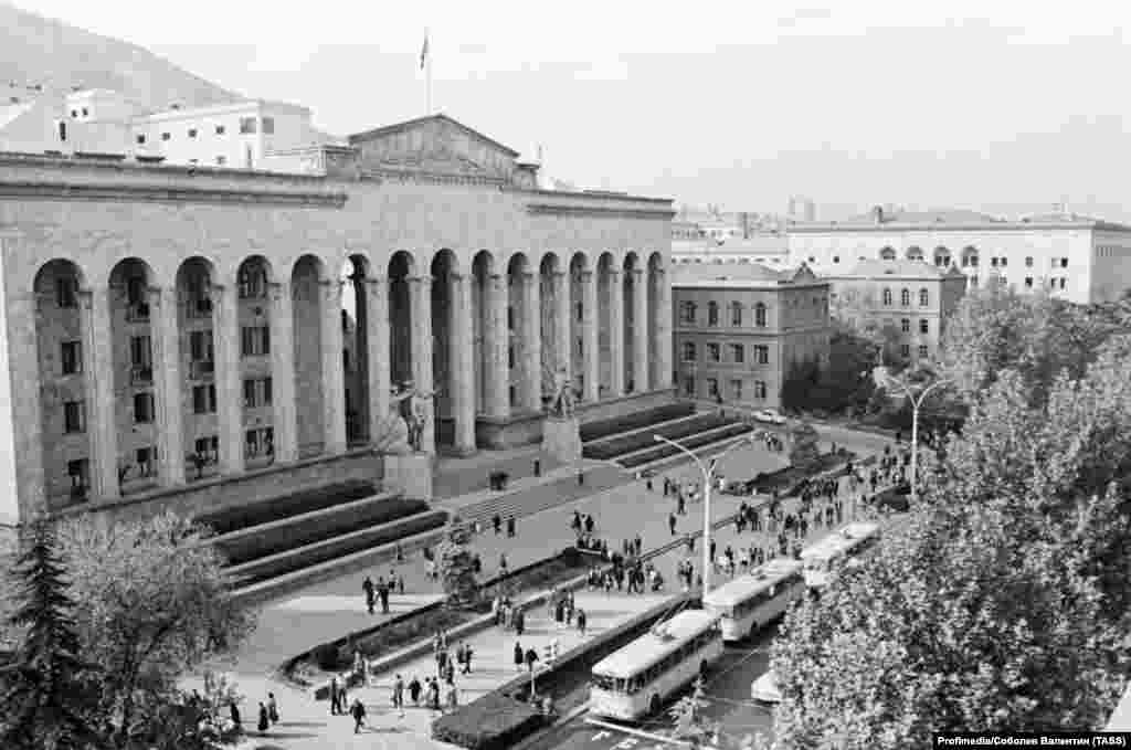 Rustaveli Avenue’s place as the focal point for protest was assured when an Orthodox Cathedral on the street was demolished by the Bolsheviks in 1930, and Georgia’s parliament building (pictured here in 1966) was built in its place. Georgian historian Gabriel Chubinidze told RFE/RL “for the past 200 years, Rustaveli Avenue has been the political heart of Georgia.” 
